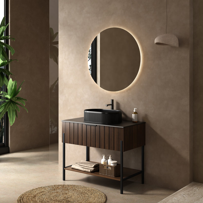 36" Bathroom Vanity With Sink, Freestanding Striped Design Bathroom Storage Cabinet With Drawer And Metal Supporting Structure, Open