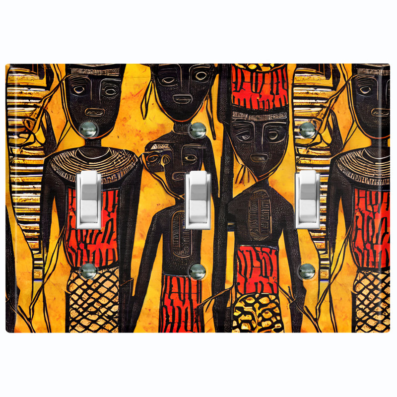 Native African Culture Orange Copper Rust Patina Teal Print 3 - Gang Toggle Light Switch Standard Wall Plate