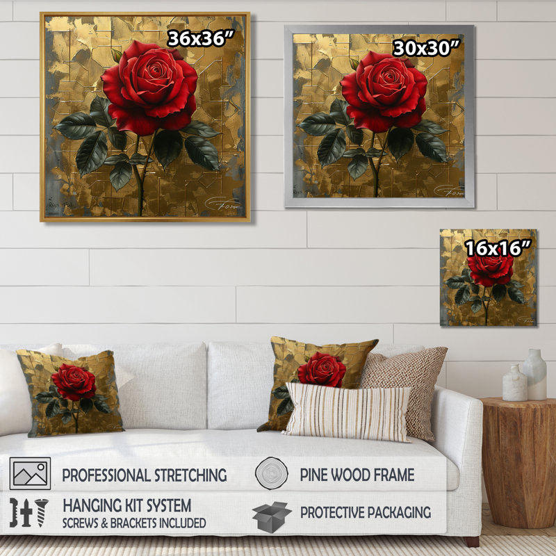 Rose rouge géométrique rétro or I - rose art mural salon, Toile avec cadre flottant or, H 30 po x l 30 po x P 1 po