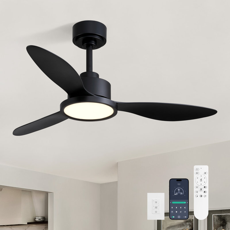 Ventilateur de plafond standard à 4 pales de 42 po à DEL avec lumière DEL et télécommande, 42 po de largeur, Noir