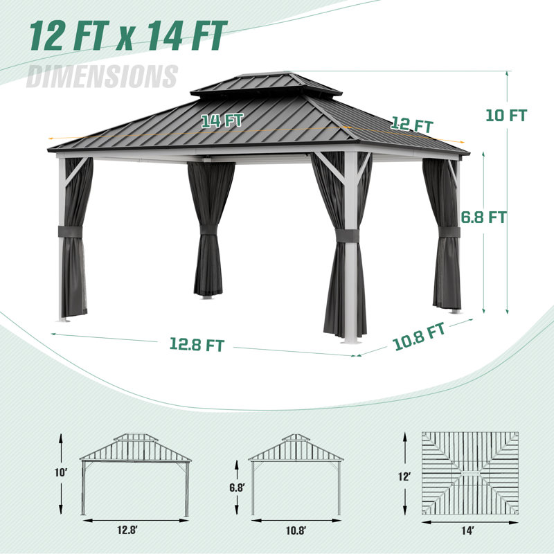 14 x 12 Aluminum Patio Gazebo, Outdoor Metal Hardtop Gazebo with Privacy Curtain and Mosquito Netting