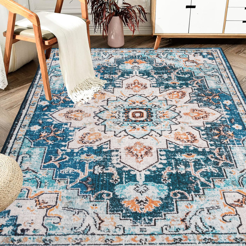 6x9 Vintage Area Rug, Bohemian Style Non-slip Washable Floor Rug For Kitchen Living Room Bedroom, Blue Gold Floral, Soft Filler , Bedroom Dining Office, Blue/gold