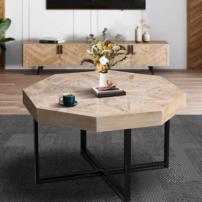 Table basse 30 pouces octogonale, en bois et en métal, de style antique, trois couleurs, idéale pour les espaces de vie primaires