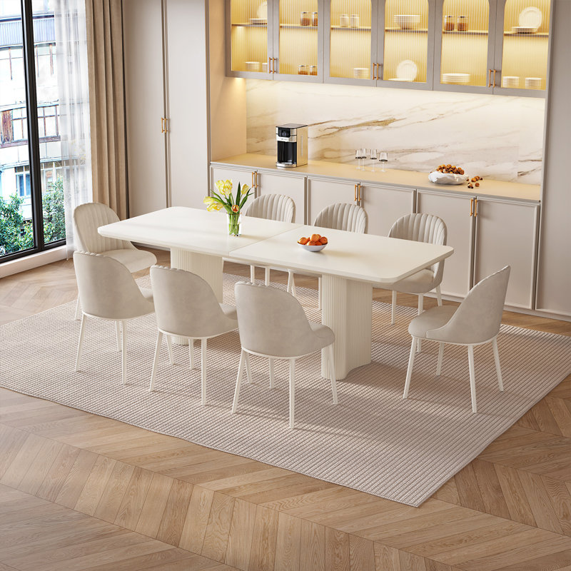 Ensemble de table de salle à manger 78,97 "moderne blanc crème rectangulaire avec 8 chaises pour la cuisine, le bar et le salon