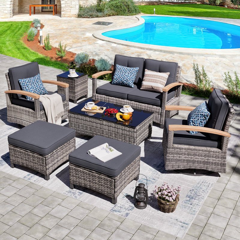 7 Pieces Patio Furniture Sets,Outdoor Rattan Furniture Conversation Sets With 2 Wood Armrests Swivel Rocker Chairs, 2 Ottoman, 2-Seat Sofa And Coffee Table
