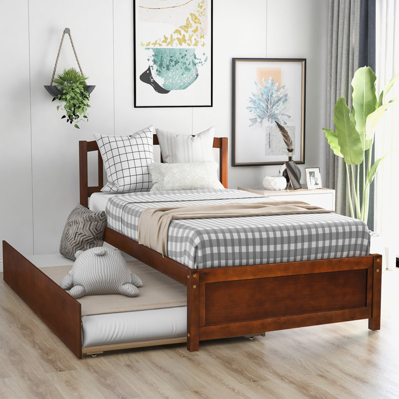 Lit plateforme simple en noyer avec lit gigogne convertible - Structure en bois de taille polyvalente et chambre élégante