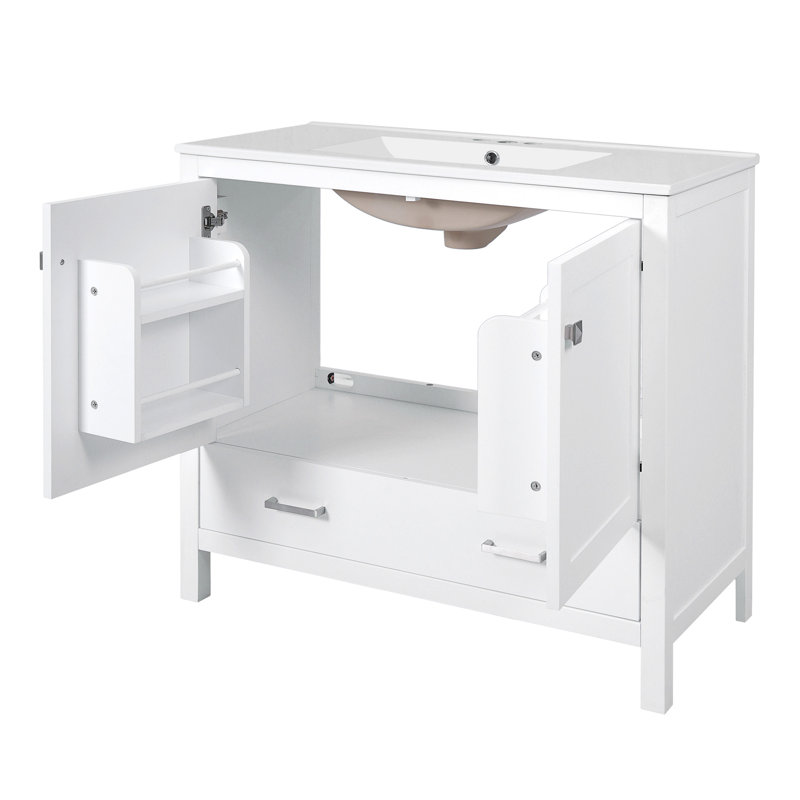 Meuble-lavabo blanc 36 po avec lavabo en céramique, portes à fermeture en douceur, tablettes de rangement doubles et tiroir divisé