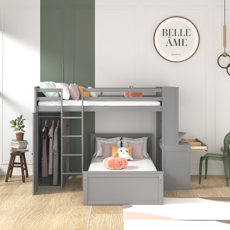 Florestan Twin over Twin 2 Drawer L-Shaped Bunk Beds with Built-in-Desk by Harriet Bee, Gray