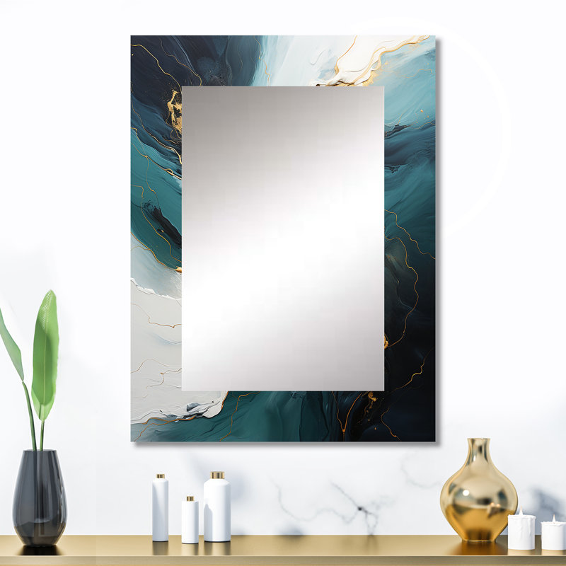 Or et vert abstrait cascade de marbre VI - peinture abstraite murale miroir, miroir décoratif doré, impression sur métal