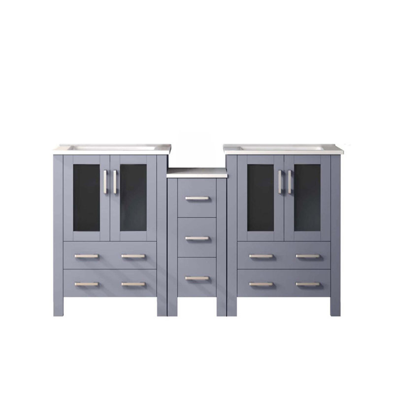 Meuble-lavabo double avec armoire latérale et plateau en céramique blanche