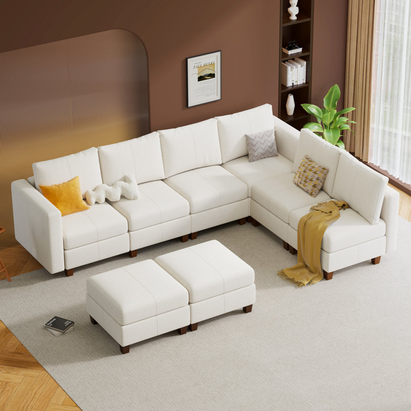 Canapé modulaire modulaire avec repose-pieds avec rangement, canapé modulaire rembourré et confortable pour salon, chambre à coucher, canapé en L 6 places avec 2 repose-pieds, chenille en blanc