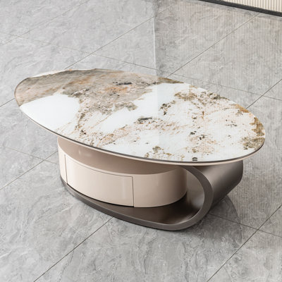 Modern Oval Coffee Table with Storage Drawer and Marble Pattern Glass Top