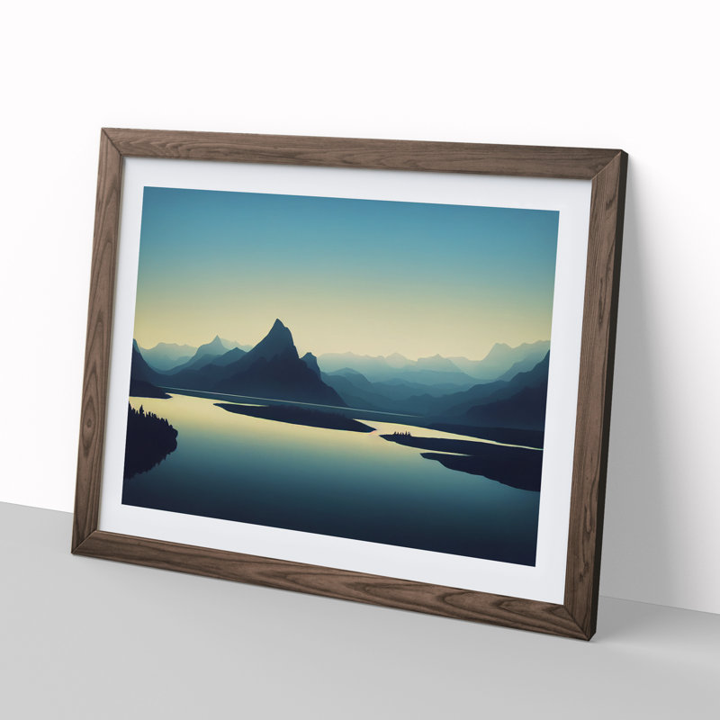 Mountain Lake Silhouette - Framed Print, 25cm H x 34cm W x 2cm D, Brown Framed