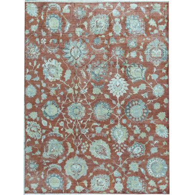 Wool Floral Area Rug in Rust/Blue