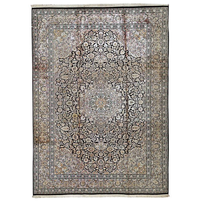 Hand Knotted Silk Area Rug in Black And Gold