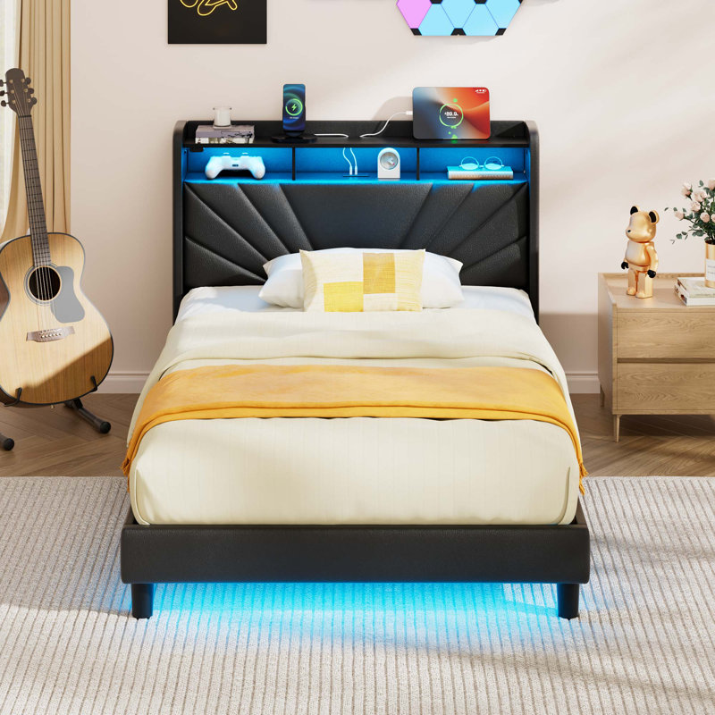 Lit de rangement avec charge USB et lumières DEL - Conception à oreilles rembourrée et structure en métal avec tête de lit