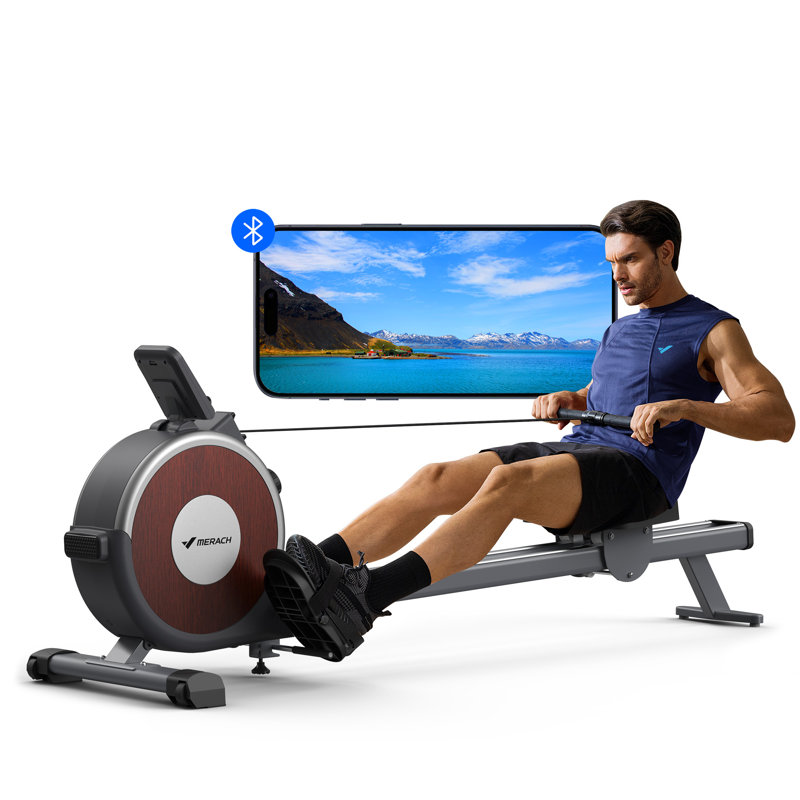 Rameur magnétique MERACH, 16 niveaux, capacité de 350 lb avec glissière double et application