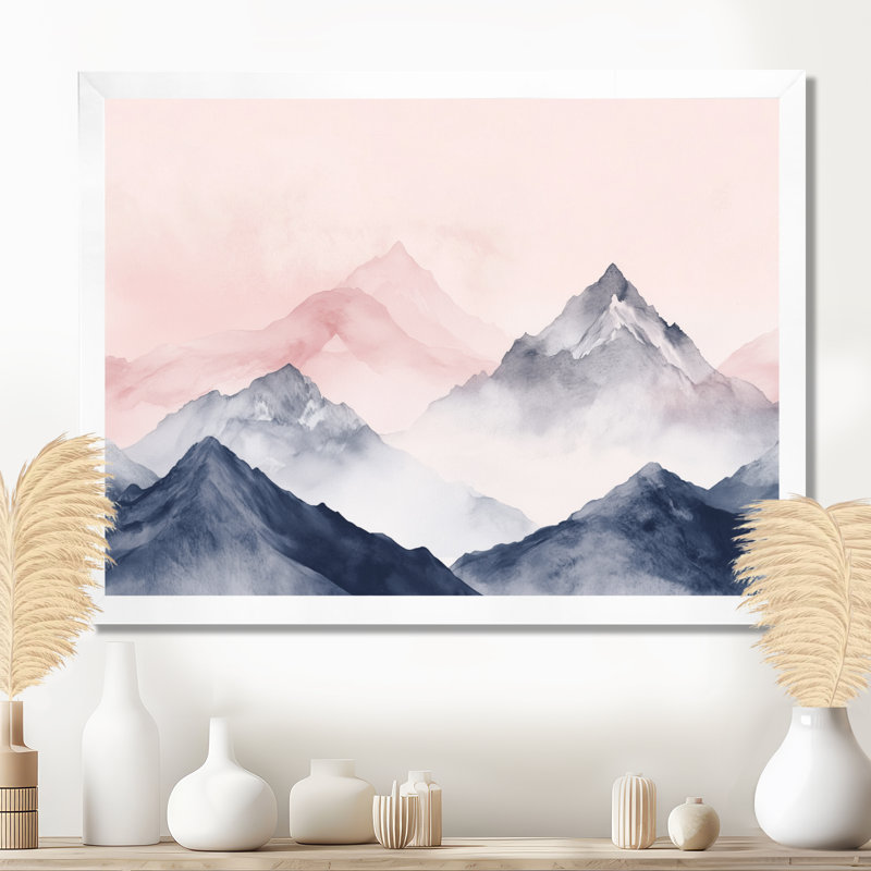 Pics de ciel rose gris blush - Tableau encadré de montagnes, H 30 po x l 40 po, White Picture Framed