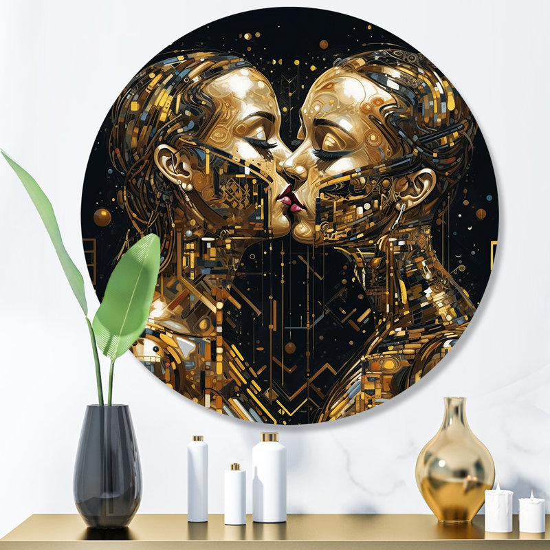 Acrylique Couple s'embrassant I - Art mural rond abstrait en marbre sur métal, H 16 po x l 16 po x P 1 po