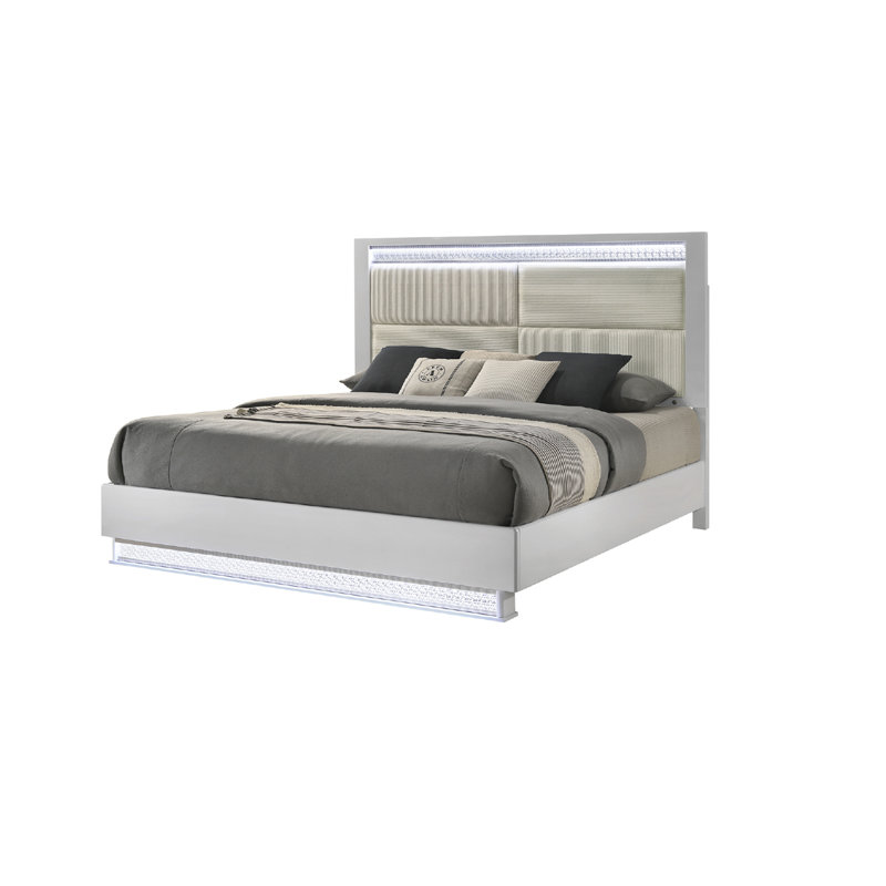 Lashell Upholstered Bedroom Set with LED Lighting, Queen, 5 Pcs: Bed, 2 Dressers, Nightstand, Mirror