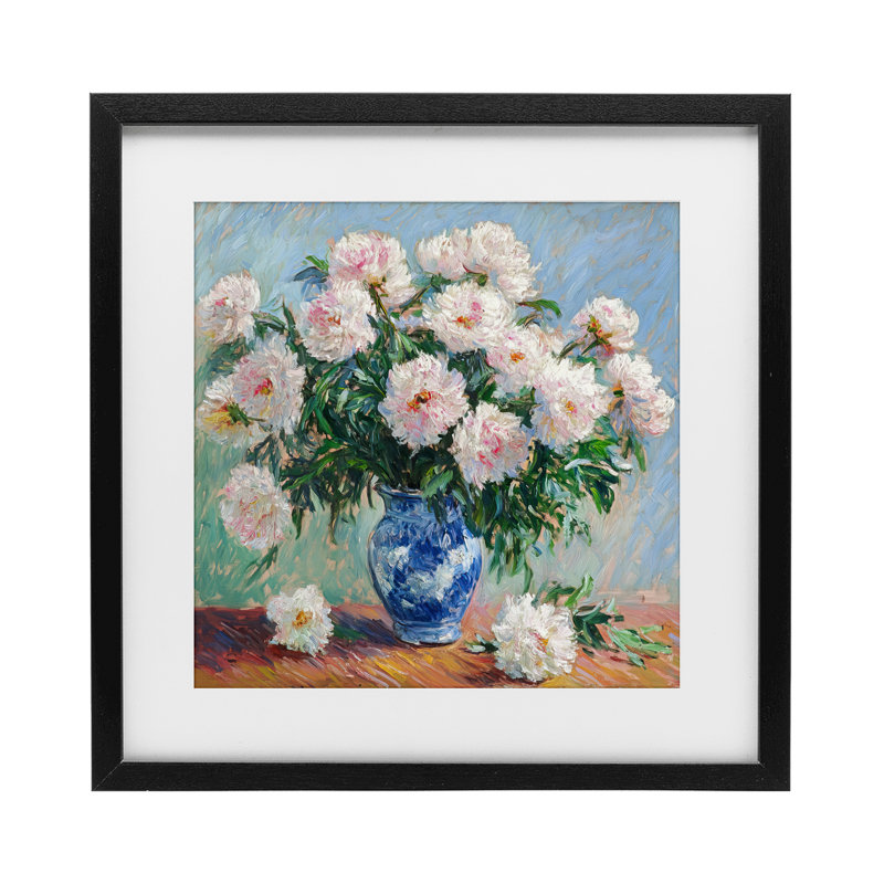 Pivoines dans un vase bleu, reproduction sous verre, conception de Tina LeCour, H 16 po x l 16 po, Cadre noir minuit
