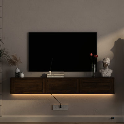 Meuble télé flottant mural en bois ultrabrillant pour salon avec lumières DEL Prise de courant standard 3 ports 2 grands composants de rangement Accessoires de jeu 16 - Couleur DEL Assemblage facile