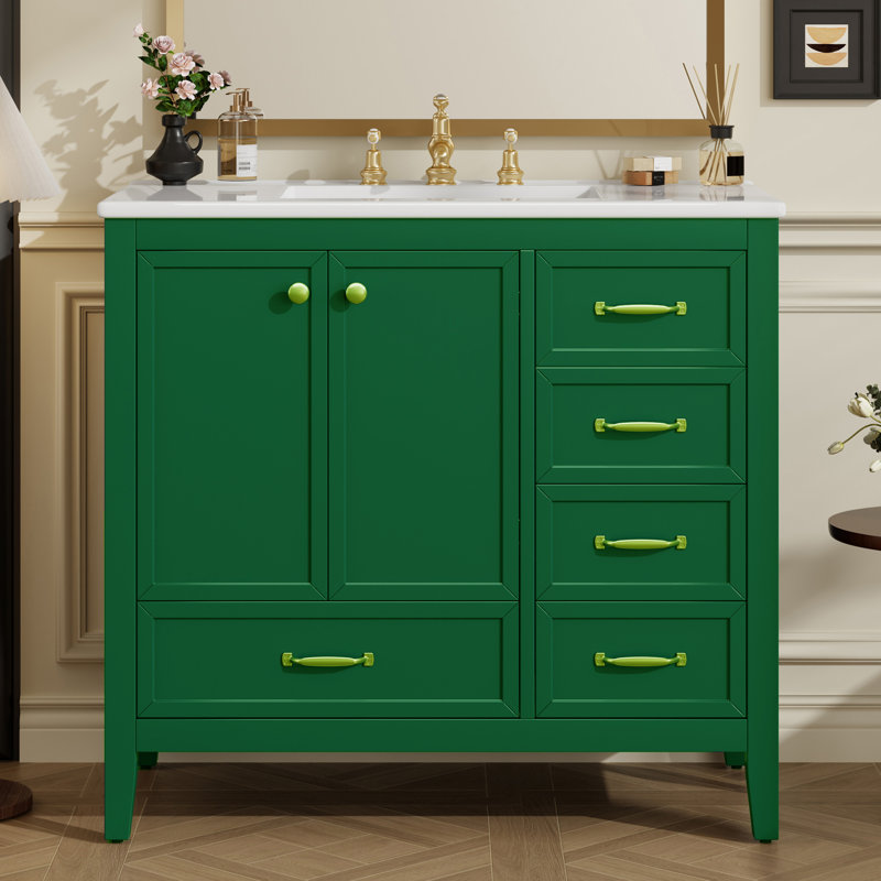 Élégant meuble-lavabo de 36 po avec lavabo en céramique, Vert