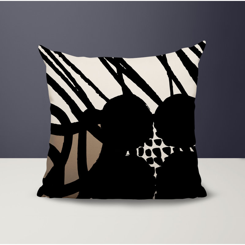 Coussin carré intérieur / extérieur Aloe, H 15 po x l 15 po, Beige / noir / blanc cassé abstrait