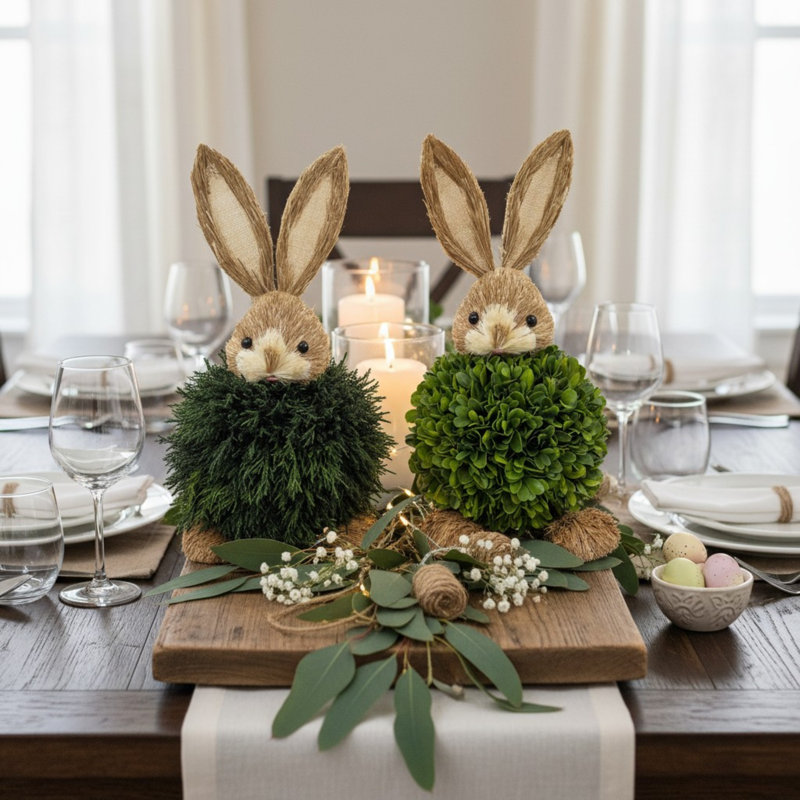 Véritable décor de lapin cyprès et buis préservé (ensemble de 2) pour Pâques et le printemps