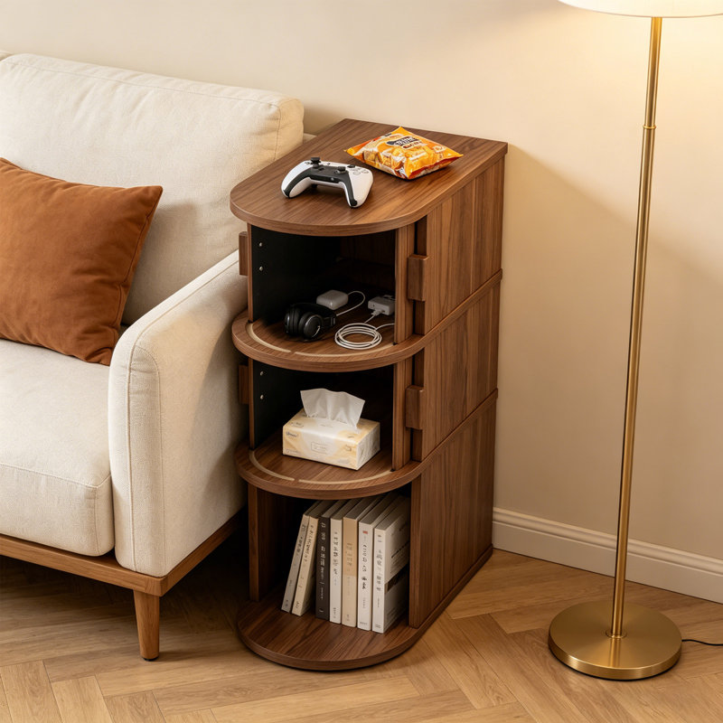 Table de chevet étroite cannelée à 3 niveaux avec 2 portes arquées et tablette ouverte, noyer