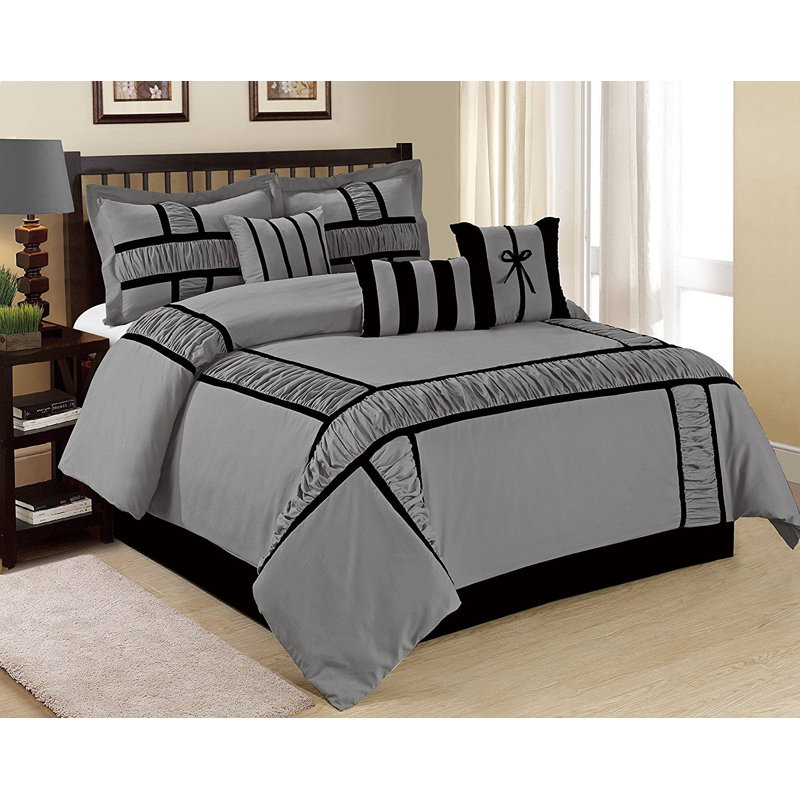 Ensemble d'édredon gris traditionnel pour grand lit 7 pièces, Édredon de grande taille et 6 pièces supplément, Gris / Noir