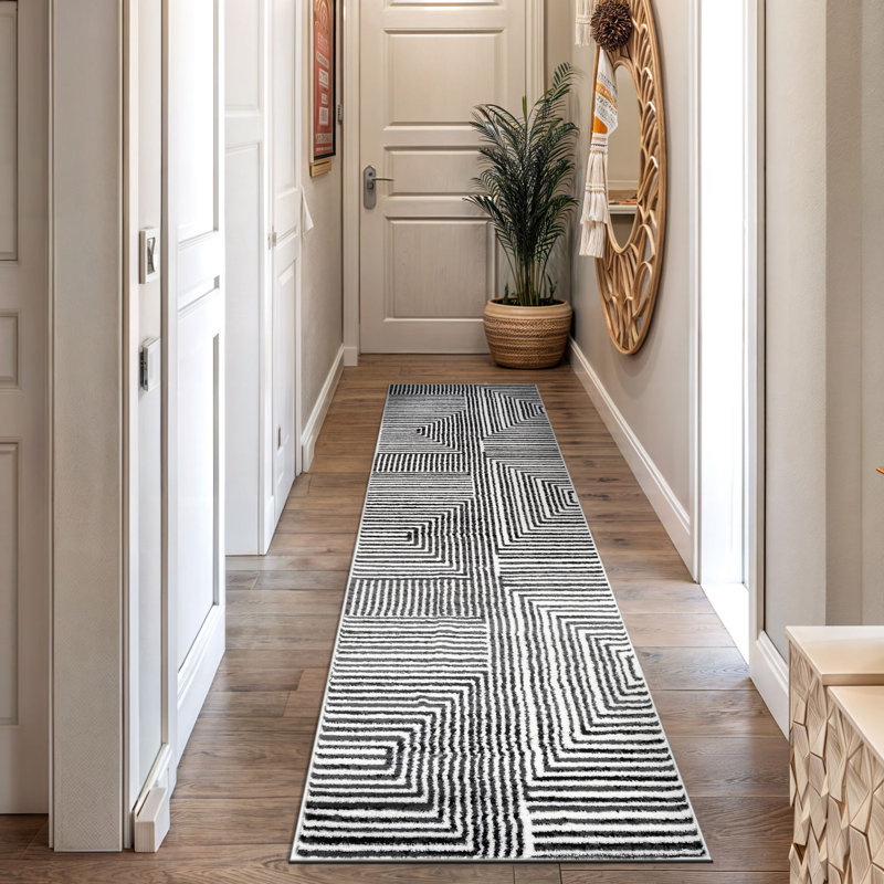 Tapis crème noir Modern Maze, Tapis de couloir 2 pi 2 po x 12 pi