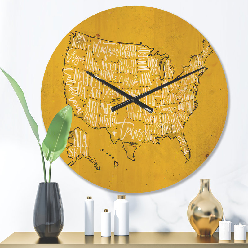 Carte vintage jaune des États-Unis - horloge murale moderne en bois, Moyenne