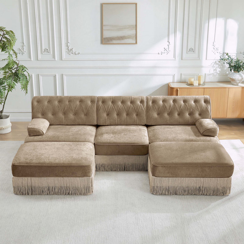 Canapé Chesterfield en U respirant en velours avec jupe à pampille, Chameau