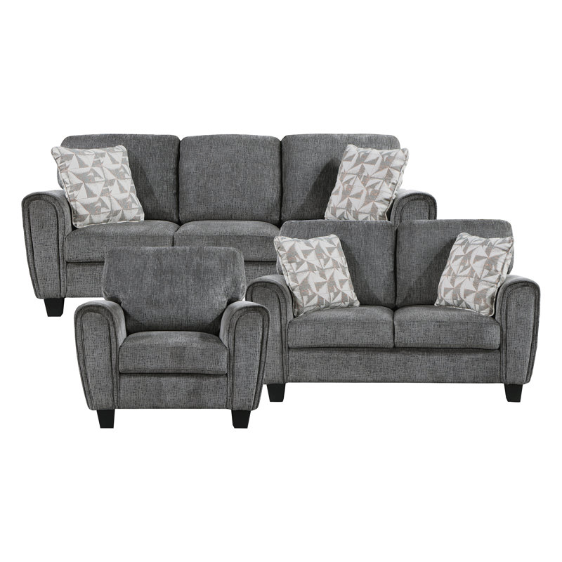 Ensemble de salon 3 pièces avec coussins réversibles, coussins décoratifs et pieds exposés Ochee, Gris chenille