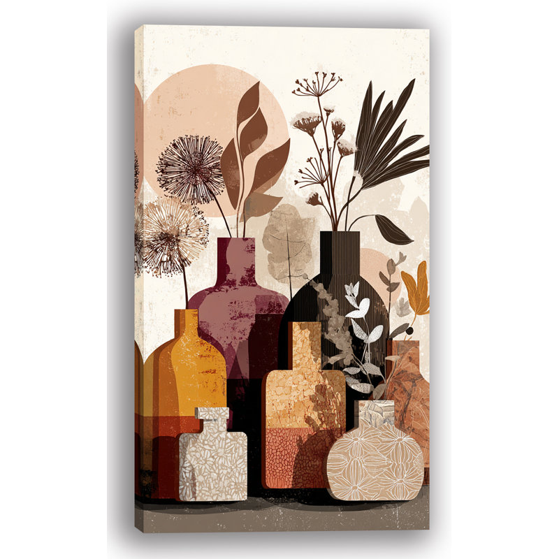«Terracotta Stillness - Boho Vase and Botanicals», art mural sur toile, H 42 po x l 24 po