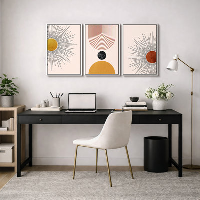 Mid Century Modern Boho "Retro Vibrant Yellow & Red Nordic Artwork, Abstract Sun Light Living Room Pictures, Framed Canvas 3 Pieces Print Wall Art"