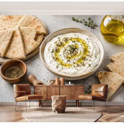 Wall Mural Peel and Stick Wallpaper middle eastern appetizer labneh labaneh goat milk cheese olive oil Self-Adhesive Removable Contact Paper Wall Decor for Living Room Bedroom 69"H x 96"W