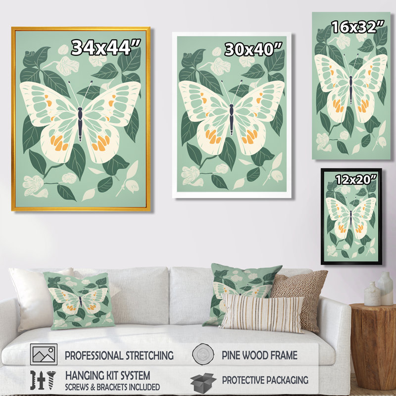 Papillon, ailes blanches sur fond vert - reproduction d'art mural papillon, Toile avec cadre doré