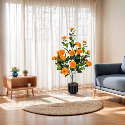 Arbre de camélia artificiel, paquet de 2, plante de camélia artificielle en pot avec fleurs oranges de 36 po, plante verte en pot pour le bureau intérieur extérieur, décoration de porche, orange, cadeau pour la fête des mères