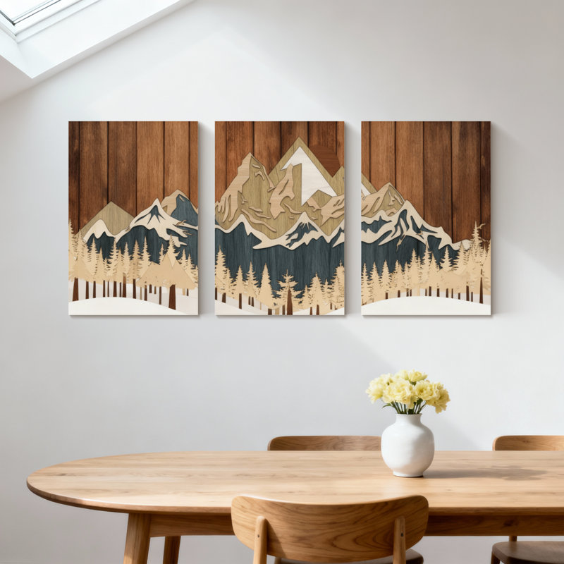 «Landscape & Nature Mountain Forest Reflection Wood», ensemble de 3 impressions sur toile, H 18 po x l 36 po