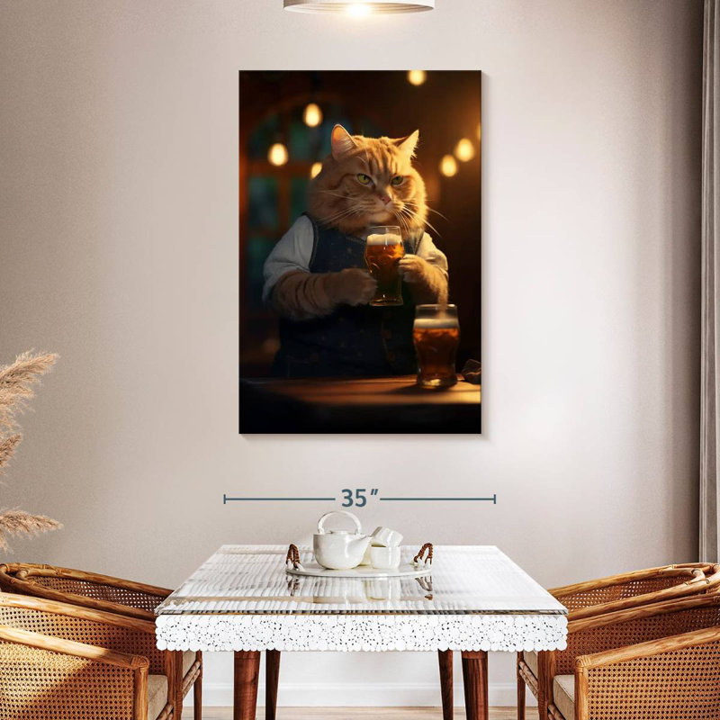 Brampt Orange Tabby Cat Drinking Beer, 48" H x 32" W