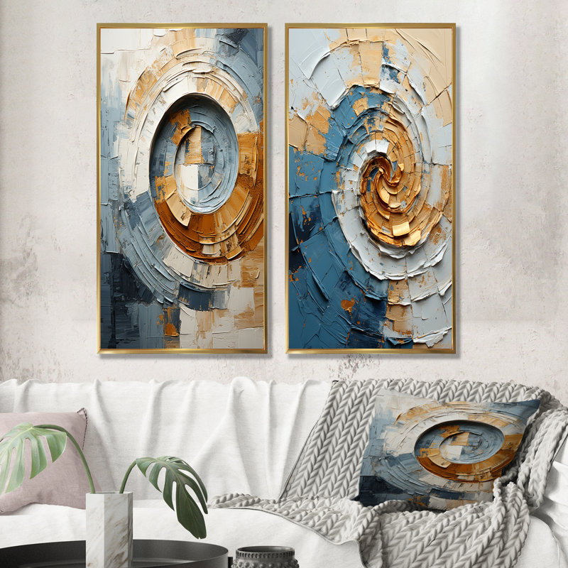 Chigusa - ensemble de 2 impressions sur toile à spirales abstraites, Cadre flottant doré, H 40 po x l 41 po
