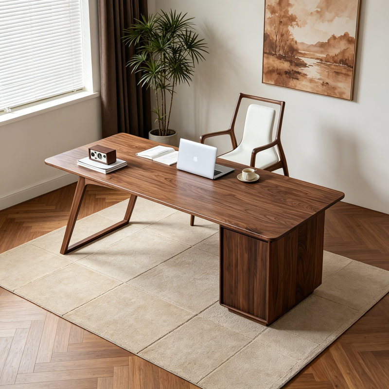 Modern Rectangular Black Walnut Solid Wood Desk, 29.53" H x 78.74" W x 33.46" D