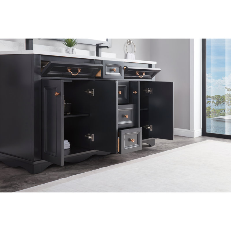 60" Solid Wood Sink Vanity  With 1' Artificial Stone Top, Tricorn Black