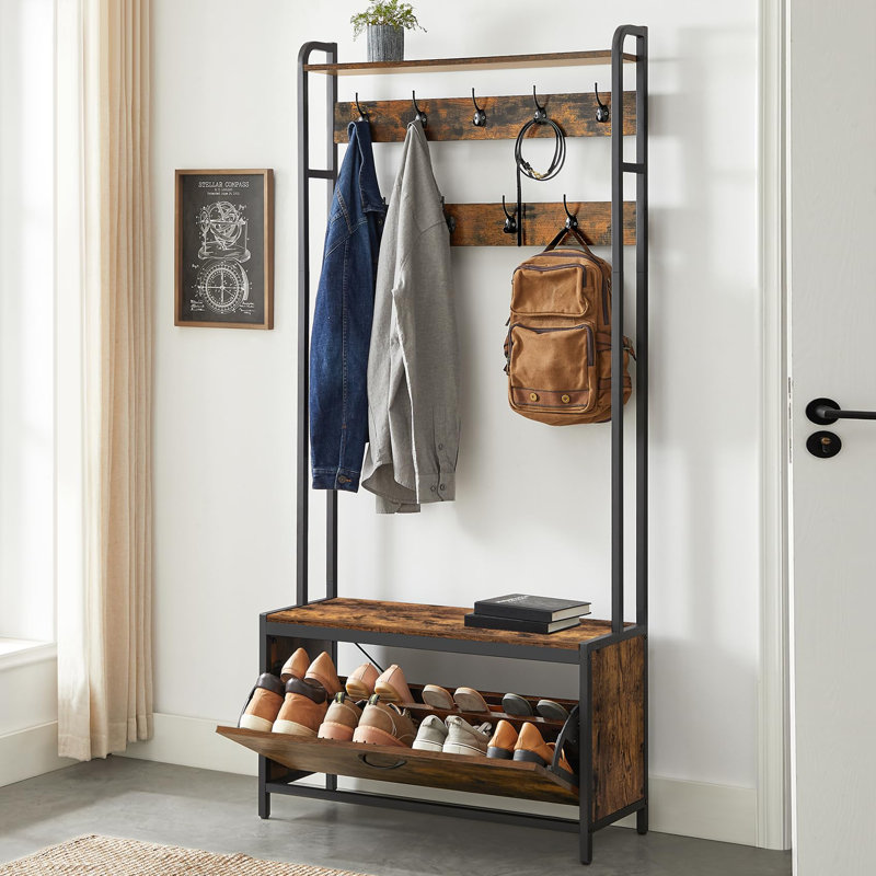 Hall Tree 85cm Wide with Bench and Shoe Storage, Brown