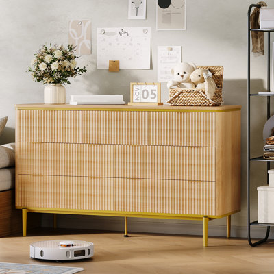 Commode 7 tiroirs pour chambre à coucher, commode cannelée large de 54 po, meuble télé incurvé avec métal