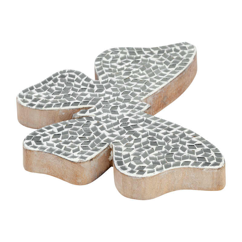 Stylish Butterfly Figurine Crafted from Wood, Glass, and Mango Wood with Intricate Mosaic Design for Elegant Decorative Accent