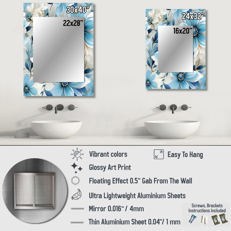 Arinori Blue Coastal Harmony Floral Pattern - Floral Decorative Wall Mirror, Cottage Mirror, Printed Metal Art, 40" x 30"