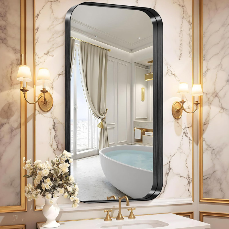 Miroir de salle de bain noir, miroir rectangulaire de 36 po x 60 po avec cadre en métal profond, coin arrondi, verre trempé, grand miroir mural, plus de 2 lavabos, installé verticalement / horizontalement, transparent